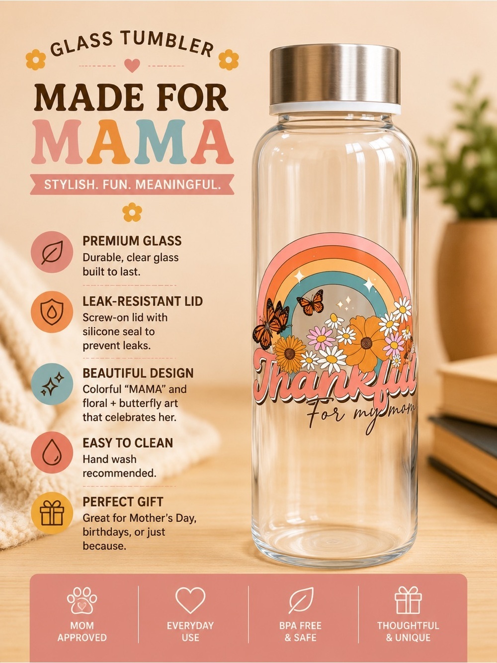 Hand Crafted Glass Tumbler – Clear with Pink, Orange, Yellow & Blue Accents